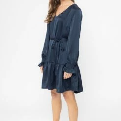 Billie The Label Jessica Navy Satin Drop Waist Mid Sleeve Mini Dress