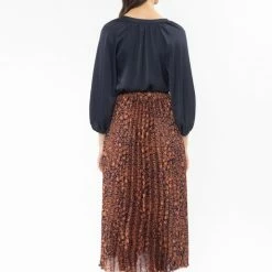 Leila + Luca Enticing Navy Bronze Leopard Pleated Midi Skirt