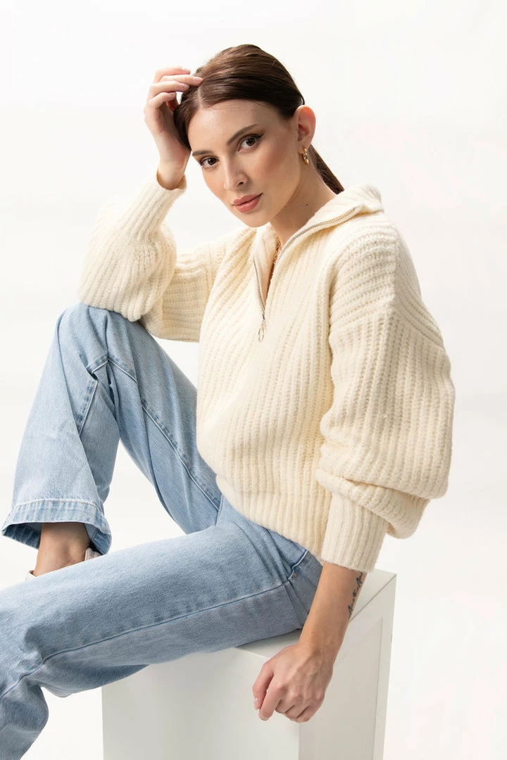 Among The Brave About Town Cream Chunky Zip Front Sweater Fashion