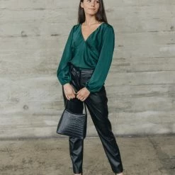 Among The Brave Bailey Forest Satin LS Balloon Sleeve Panel Bodice Bias Top Fashion