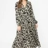 Seeking Lola Composed Khaki Leopard Mid Sleeve Frill V Neck Tiered Midi Dress