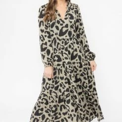 Seeking Lola Composed Khaki Leopard Mid Sleeve Frill V Neck Tiered Midi Dress