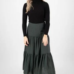 Among The Brave Blazing Dark Forest Tiered Linen Midi Skirt