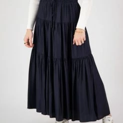Among The Brave Fashion Sensational Navy Tiered Satin Tie Waist Maxi Skirt