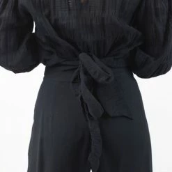 Ivy + Jack Grace Black Shirred Cotton LS Back Hem Tie Top Fashion