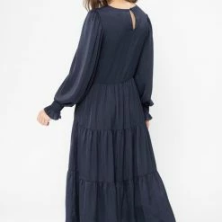 Seeking Lola Fashion Day Dream Navy Satin LS Tiered Midi Dress