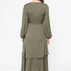 Seeking Lola Paradise Khaki Satin LS Wrap Dress
