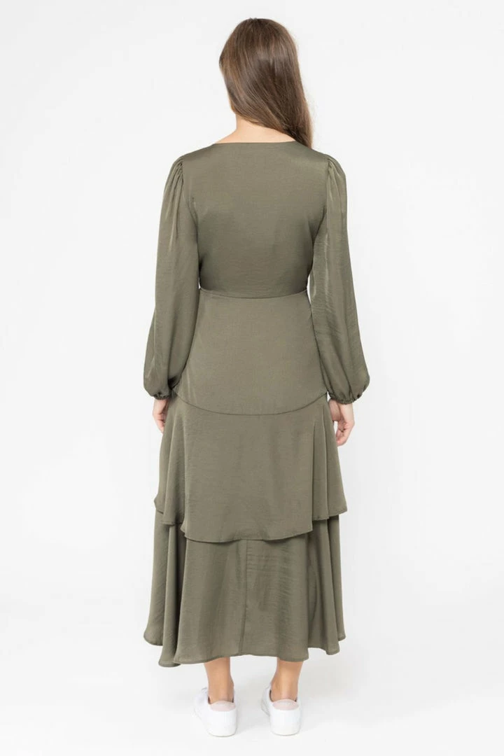 Seeking Lola Paradise Khaki Satin LS Wrap Dress