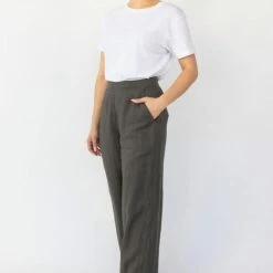 Among The Brave Freedom Dark Khaki Flat Front Deep Waistband Wide Leg Linen Pant Fashion