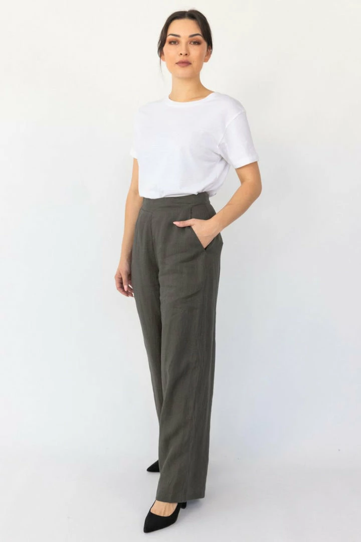 Among The Brave Freedom Dark Khaki Flat Front Deep Waistband Wide Leg Linen Pant Fashion