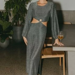 Among The Brave Galaxy Silver Shimmer Cut Away LS Balloon Sleeve Ring Midi Dress