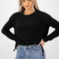 Among The Brave Fashion Rylee Black Slouchy Tie Hem Soft Brushed Sweat