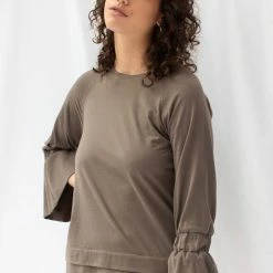 ReCreate Transit Frill Sleeve Taupe Cotton Top