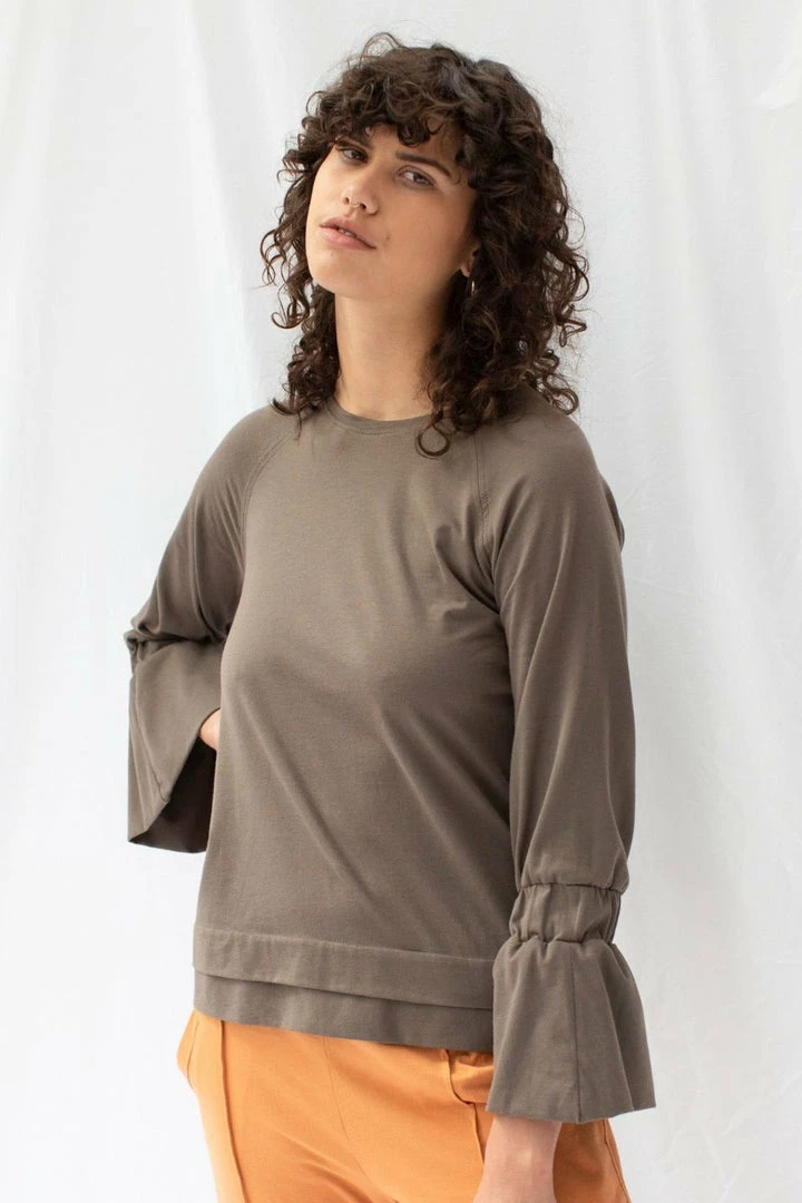 ReCreate Transit Frill Sleeve Taupe Cotton Top