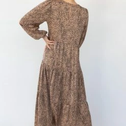 Ivy + Jack Gigi Tan Mini Satin Leopard Blouson LS Tiered Maxi Dress