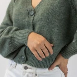 Among The Brave Spirited Soft Khaki Mohair Blend Balloon Sleeve Cropped Cardigan Fashion