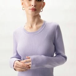 Among The Brave Fashion Inspired Lilac LS Rib Knit Cropped Crew Neck Top