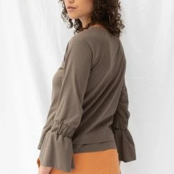 ReCreate Transit Frill Sleeve Taupe Cotton Top
