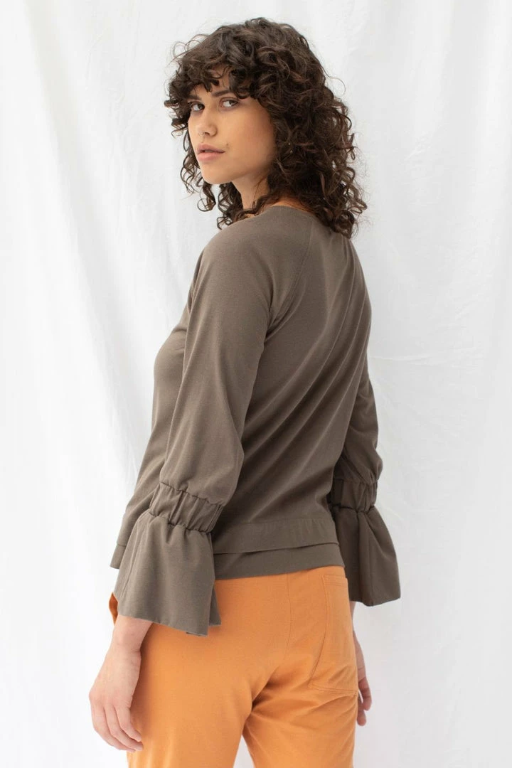ReCreate Transit Frill Sleeve Taupe Cotton Top
