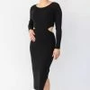 Among The Brave Fashion Angelica Black Cut Out Boat Neck LS Rib Knit Midi Dress