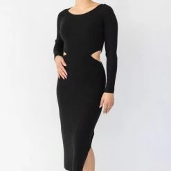 Among The Brave Fashion Angelica Black Cut Out Boat Neck LS Rib Knit Midi Dress