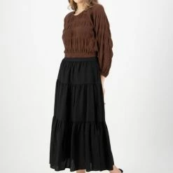 Ivy + Jack Carly Cocoa Shirred Cotton LS Raglan Elastic Hem Crop Top