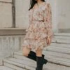 Ivy + Jack Evita Sand Floral LS V Neck Mini Tiered Dress