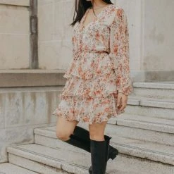 Ivy + Jack Evita Sand Floral LS V Neck Mini Tiered Dress