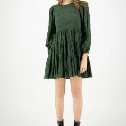 Ivy + Jack Fashion Luca Hunter Green Shirred Cotton LS Tiered Smock Dress
