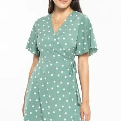 Billie The Label Wonderland Sage Spot Flutter Sleeve Mini Wrap Dress