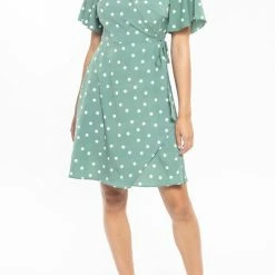 Billie The Label Wonderland Sage Spot Flutter Sleeve Mini Wrap Dress