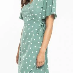 Billie The Label Wonderland Sage Spot Flutter Sleeve Mini Wrap Dress