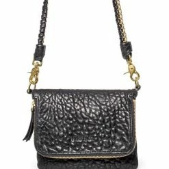 Harry & Co Bobi Leather Fold Over Black Bubble Clutch With Gold Chain