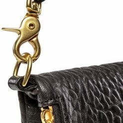 Harry & Co Bobi Leather Fold Over Black Bubble Clutch With Gold Chain