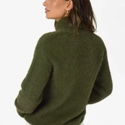 Among The Brave Brilliant Khaki Eyelash Yarn Roll Neck Knit