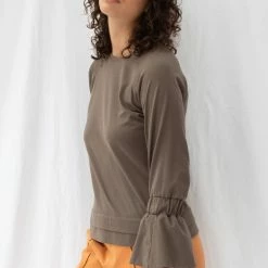 ReCreate Transit Frill Sleeve Taupe Cotton Top