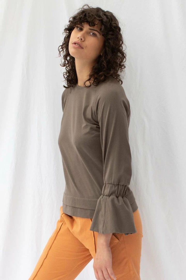 ReCreate Transit Frill Sleeve Taupe Cotton Top