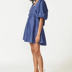 Aureta Lacey Puff Sleeve Midnight Blue Mini Dress