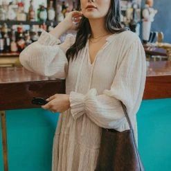 Ivy + Jack Billie Ecru Shirred LS Frill V Neck Tiered Mini Dress