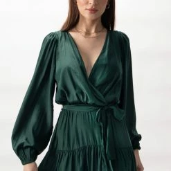 Among The Brave Twilight Forest LS Tiered Satin Maxi Dress Fashion