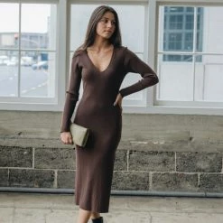 Among The Brave Fashion Skillful Tobacco Rib Knit LS V Neck Midi Dress