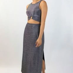 Among The Brave Interstellar Silver Shimmer High Split Midi Skirt
