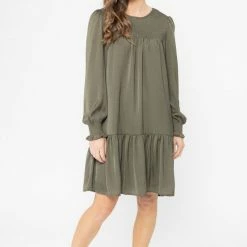 Billie The Label Hug Me Khaki Satin Shirred LS Mini Dress