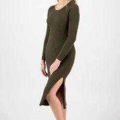 Ivy + Jack Fashion Dynamic Khaki Marle LS Rib Knit Crew Neck Midi Dress