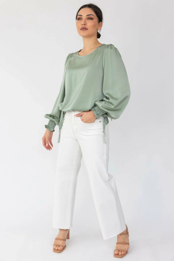 Among The Brave Fashion Violet Sea Foam LS Shirred Cuff Tie Hem Satin Top