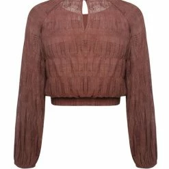 Ivy + Jack Carly Cocoa Shirred Cotton LS Raglan Elastic Hem Crop Top