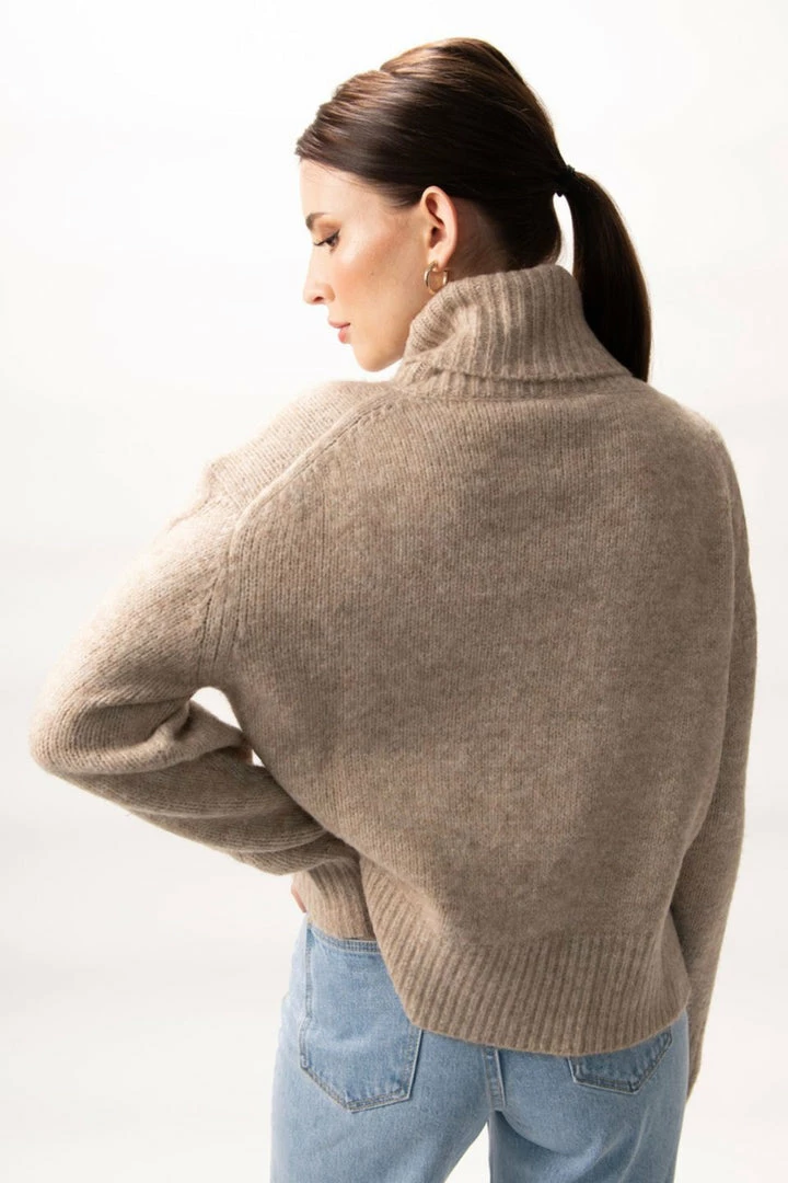 Among The Brave Soulful Mink Super Soft Cable Sleeve Raglan Cropped Roll Neck Knit Fashion
