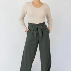 Among The Brave Galaxy Khaki Paper Bag Tie Waist Wide Leg Linen Pant Fashion