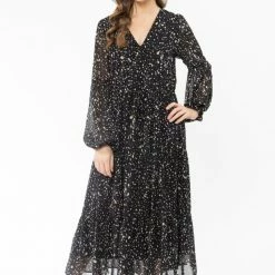 Seeking Lola Santa Maria Gold Glitter LS Tiered Midi Dress Fashion