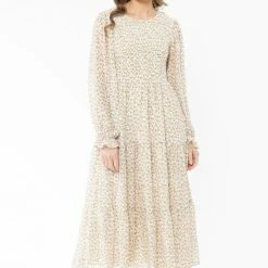 Billie The Label Awaken Caramel Floral Shirred Bodice LS Tiered Maxi Dress Fashion